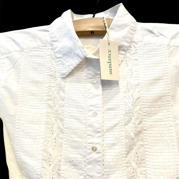 NWT Sundance Eyelet Tuxedo Pleated Shirt Button Up Crochet Embroidered White M - Picture 2 of 11